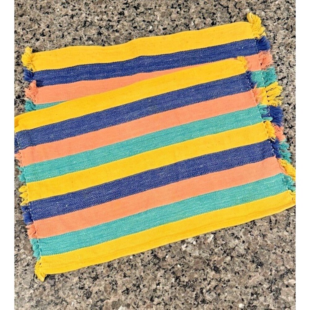 Vintage Woven Tapestry Placemats Set of 2 Striped Colorful Retro Boho 1970s Deco
